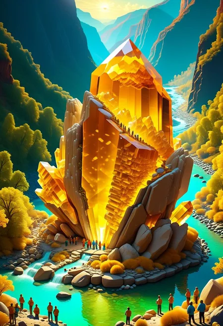 ispzxll, diorama, isometric, miniature, volumetric lighting style, intricate details, massive citrine crystal formation, natural setting, deep valley with river in background, crowds of people gathered, tourists, cameras, taking pictures, news helicopter