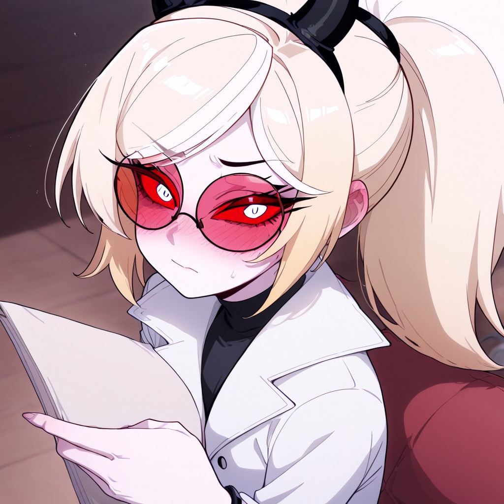 masterpiece, best quality, newest, absurdres, highres, 
1girl, HHOVP-ODC.V1.0, blonde hair, white skin, red-tinted eyewear, glasses, red sclera, red-tinnted  colored sclera, white eyes, high ponytail, red glasses, hairband, hairband with horns, tied hair,
