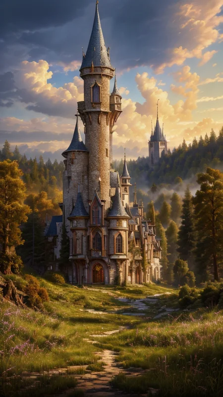 Masterwork Painting, Magnum Opus,
<lora:Wizard_Tower:0.75> witow, castle, cloud, cloudy sky, grass, no humans, scenery, sky, tower, tree, <lora:Fantasy_Mountains:0.75> fanmou, footprints, forest, grass, nature, no humans, outdoors, sky, tree,
highres, 8k, uhd, High Dynamic Range, tonemapping, crisp details, intricate details, fine details