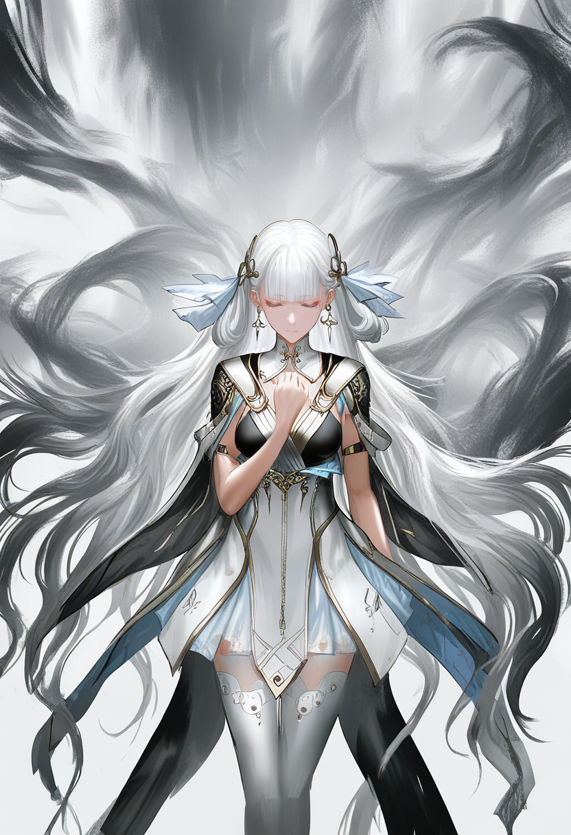 solo, 1girl, long hair, dress, thighhighs, closed eyes, hand on own chest, earrings, jewelry, breasts, white background, white hair, very long hair, hair ornament, closed mouth, blunt bangs, white thighhighs <lora:YLXL_NBVP1_lokr_V6311P:0.95>