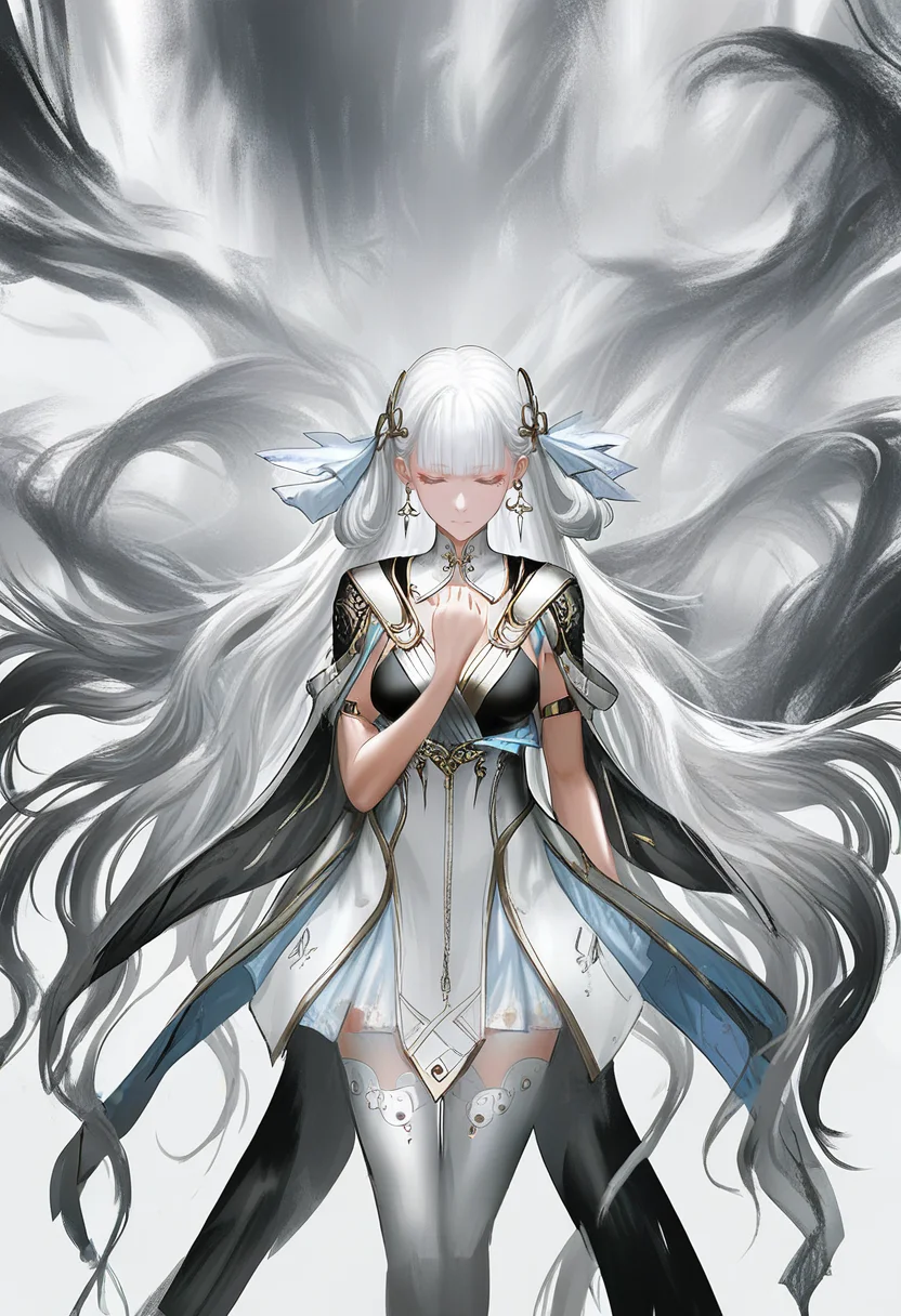 solo, 1girl, long hair, dress, thighhighs, closed eyes, hand on own chest, earrings, jewelry, breasts, white background, white hair, very long hair, hair ornament, closed mouth, blunt bangs, white thighhighs <lora:YLXL_NBVP1_lokr_V6311P:0.95>