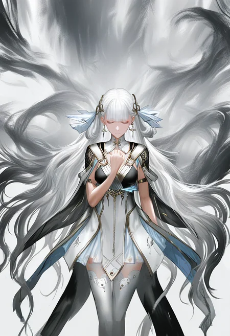 solo, 1girl, long hair, dress, thighhighs, closed eyes, hand on own chest, earrings, jewelry, breasts, white background, white hair, very long hair, hair ornament, closed mouth, blunt bangs, white thighhighs <lora:YLXL_NBVP1_lokr_V6311P:0.95>