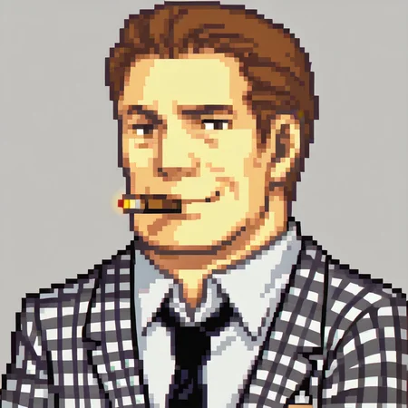 score_9, score_8_up, score_7_up, source_anime BREAK 1boy, solo, <lora:zs_FEGBAPortraitsXL:1> fegbaportraits, portrait, white background, simple background, <lora:benny-fnv-richy-v1_pdxl:0.8> benny, brown hair, short hair, checkered suit, black necktie, cigar, smirk