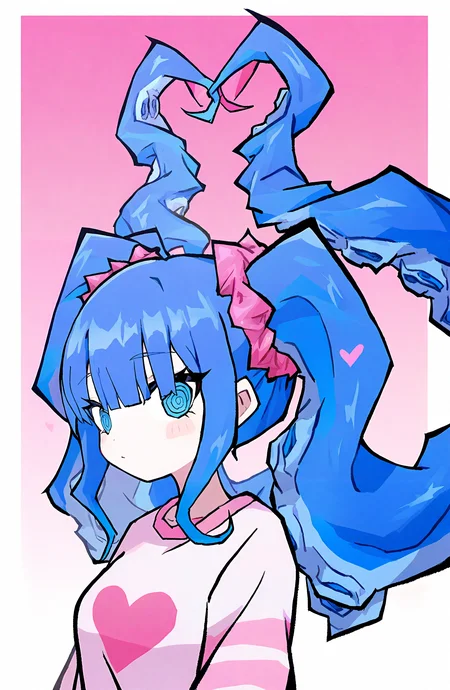 1girl, solo, long_hair, looking_at_viewer, blue_eyes, shirt, closed_mouth, twintails, blue_hair, upper_body, heart, gradient_background, tentacles, @_@, tentacle_hair, ringed_eyes