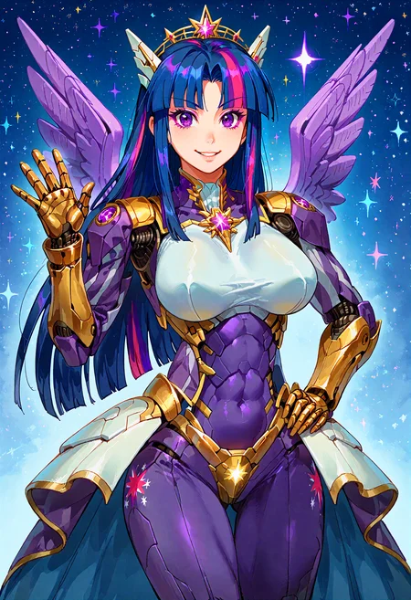 score_9, score_8_up, score_7_up, source_anime, 1girl, safe, (solo:1.3),
(Twilight Sparkle:1.4), human, blue hair, (pink stripe in hair:1.2), purple eyes, (purple eyeliner:1.2), looking at viewer, smile, happy, very long hair, (parted lips:1.1), light makeup, (jewelry:1.2),
<lora:styleArtist_sunaharaWataru-NakedSpaceMan:0.8>, toned, biceps, (thigh muscles:1.2), scifi crown, (royalty:1.4), queen, spiked headgear,
<lora:costume_showgirlSkirtPDXL:0.9>, showgirl skirt, (mecha musume:1.4), metal robot purple armored dress, (feathered wings:1.2), very tall, long legs, huge breasts, glowing wing armor, (purple feathered wings:1.6), (epaulettes:1.2), (purple wings:1.2),
(detailed background:1.2), cowboy shot, glowing purple bodysuit, (boobplate:1.3), (impossible clothes:1.5), skindentation, gold trim, big scifi gauntlets, gemstones, long sleeves, <lora:concept_cyborgCyberarmsPDXL-lukethighwalker:0.4> cyborg girl, contrapposto, (waving:1.1),
starry background, space background, (gold gauntlets:1.2), (swaying:1.4), (one hand on hip:1.2), purple leggings, (friendly:1.2), (abs:0.9), (skin_tight:1.3), scifi corset, (crotch plate:1.2), underbust, gold bra,