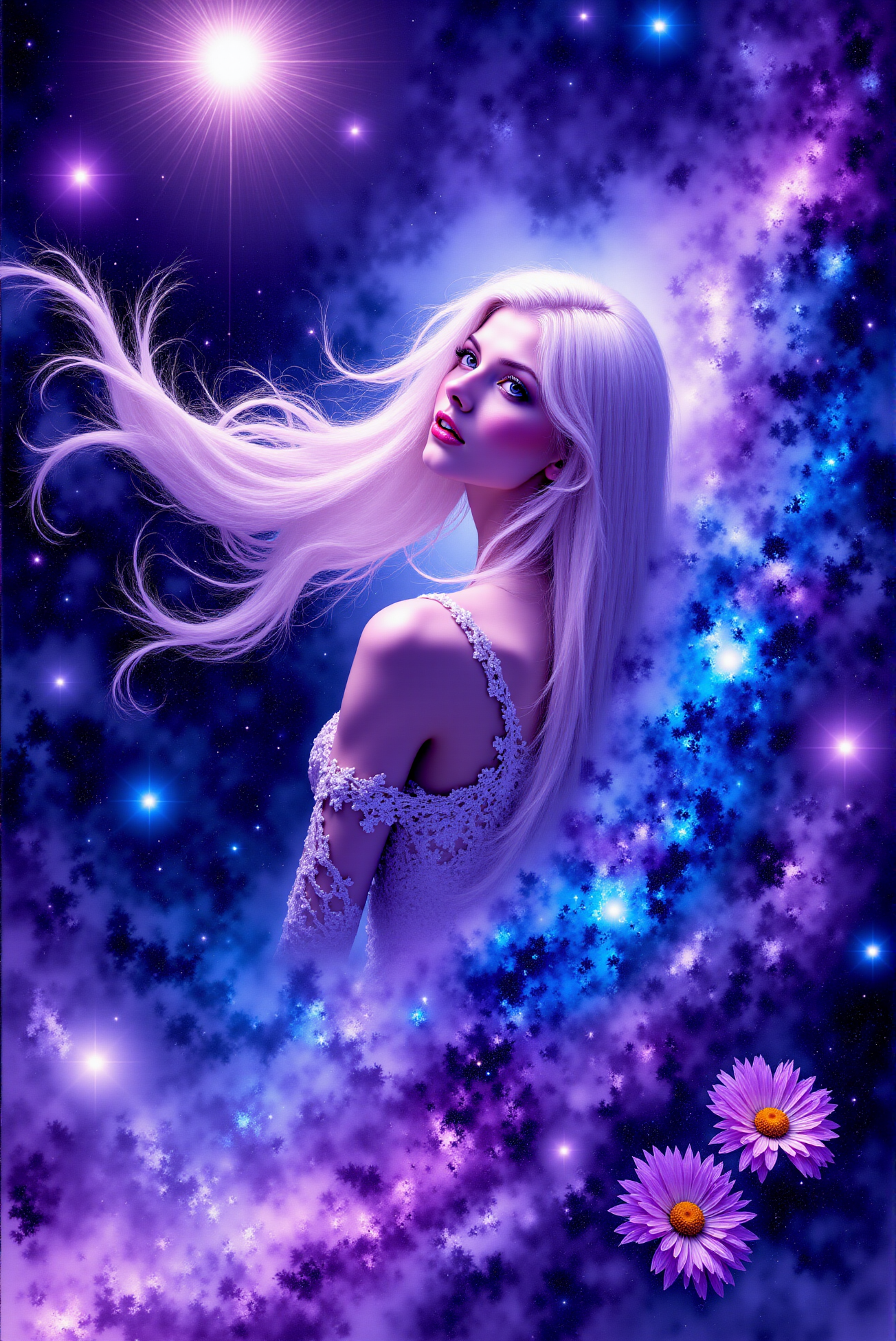 <lora:Vibrant_watercolor_v.22:0.9>   A celestial being gazes upward, her luminous eyes shimmering like entire galaxies, swirling with nebulae and distant stars. Her porcelain skin glows with an iridescent radiance, dusted with a constellation of twinkling cosmic freckles that blend seamlessly into the celestial expanse enveloping her shoulders. Wisps of ethereal light weave through her flowing, snow-white hair, casting delicate highlights that shift between hues of lavender, sapphire, and electric violet. The deep, infinite void behind her pulsates with celestial energy, creating an otherworldly ambiance where the boundary between the universe and her form dissolves. The artwork is exquisitely detailed, employing soft, blended digital painting techniques with a dreamlike, neon-lit fantasy aesthetic. 