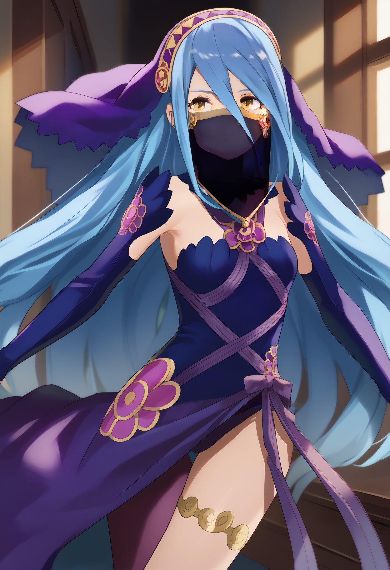 score_9, score_7_up, <break> solo, 1girl, performAzu, light smile, blue hair, purple veil, mouth veil, purple dress, purple straps, purple elbow gloves, fingerless gloves, single leg pantyhose, indoors
 <segment:yolo-face_yolov8m.pt,0.4,0.5//cid=1>
