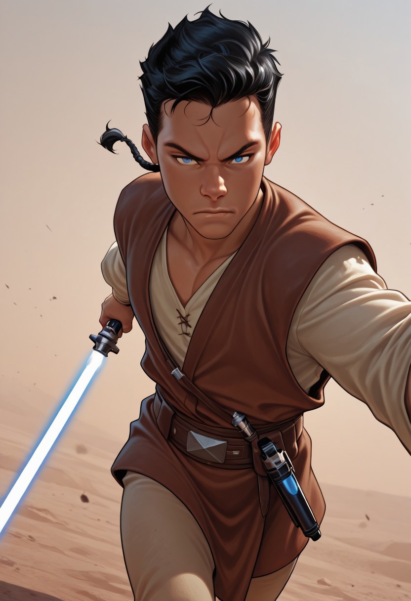 masterpiece, absurdres, high quality, perfect anatomy, 1boy, solo, cute boy, male focus, Caleb Dume, Black Hair, Padawan Braid, Blue Eyes, Brown Tunic, Tan Shirt, Belt, Tan Pants, holding a lightsaber, blue lightsaber, scowl, portrait, cinematic, intricately detailed illustration, depth of field, masterpiece, best quality, amazing quality, very aesthetic, absurdres, newest, very awa,  shadow, dynamic angle, casual cosplay, dynamic pose, simple background,