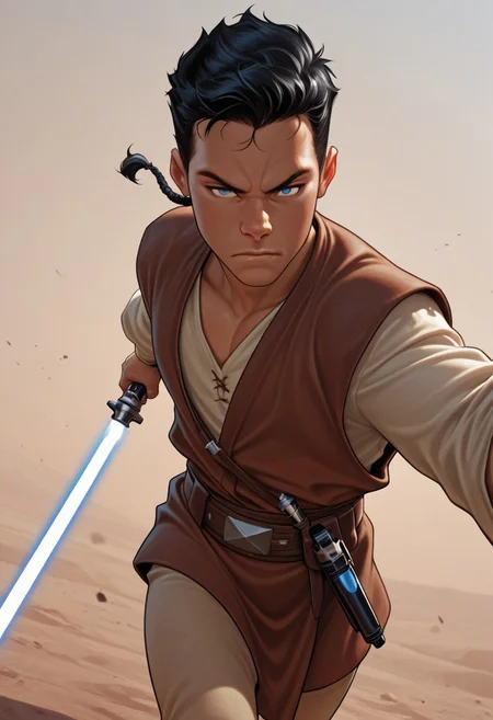 masterpiece, absurdres, high quality, perfect anatomy, 1boy, solo, cute boy, male focus, Caleb Dume, Black Hair, Padawan Braid, Blue Eyes, Brown Tunic, Tan Shirt, Belt, Tan Pants, holding a lightsaber, blue lightsaber, scowl, portrait, cinematic, intricately detailed illustration, depth of field, masterpiece, best quality, amazing quality, very aesthetic, absurdres, newest, very awa,  shadow, dynamic angle, casual cosplay, dynamic pose, simple background,