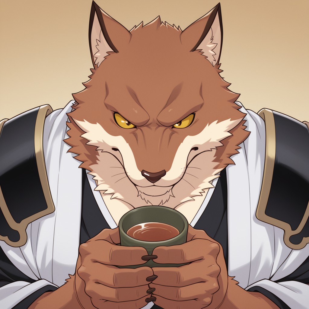 masterpiece, best quality, amazing quality, 1boy, solo, Sajin Komamura, bara, yellow sclera, Kimono, armor, drinking tea, 
