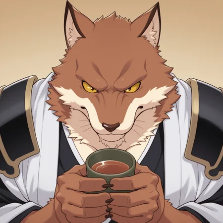 masterpiece, best quality, amazing quality, 1boy, solo, Sajin Komamura, bara, yellow sclera, Kimono, armor, drinking tea,