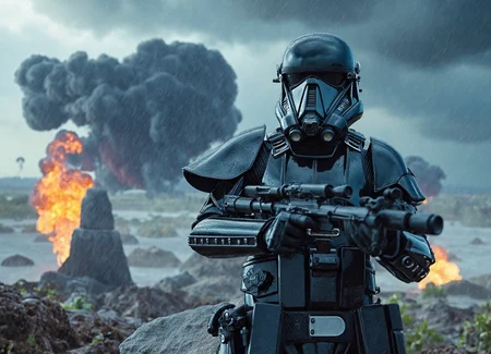 {"T5": ",A highly detailed, hyperrealistic photograph of an Imperial Death Trooper, modestly dressed in their standard black armor, caught in a category 5 hurricane on a small island at a microscopic cellular level, with complicated textures of cellular structures and dwindling food and water molecules visible in the background, the trooper's face hidden behind their helmet, their armor battered by the intense winds and debris, with extremely detailed textures of the armor, including scratches and dents, the image taken from a low-angle perspective, looking up at the trooper, with the hurricane's intense clouds and lightning-filled sky in the background, and the trooper's stance conveying a sense of struggle and desperation, set against a backdrop of cellular structures and molecules, with a unique composition that follows the rule of thirds,", "CLIP-L": ",Imperial Death Trooper, category 5 hurricane, microscopic cellular level, hyperrealistic, highly detailed, black armor, battered, complicated textures, dwindling food and water, intense winds, debris, low-angle perspective, rule of thirds, golden ratio, desperate stance, cellular structures, molecules, (stormy weather:desperate struggle:.7),"}
<lora:Imperial_Death_Trooper_Star_Wars:1.0>