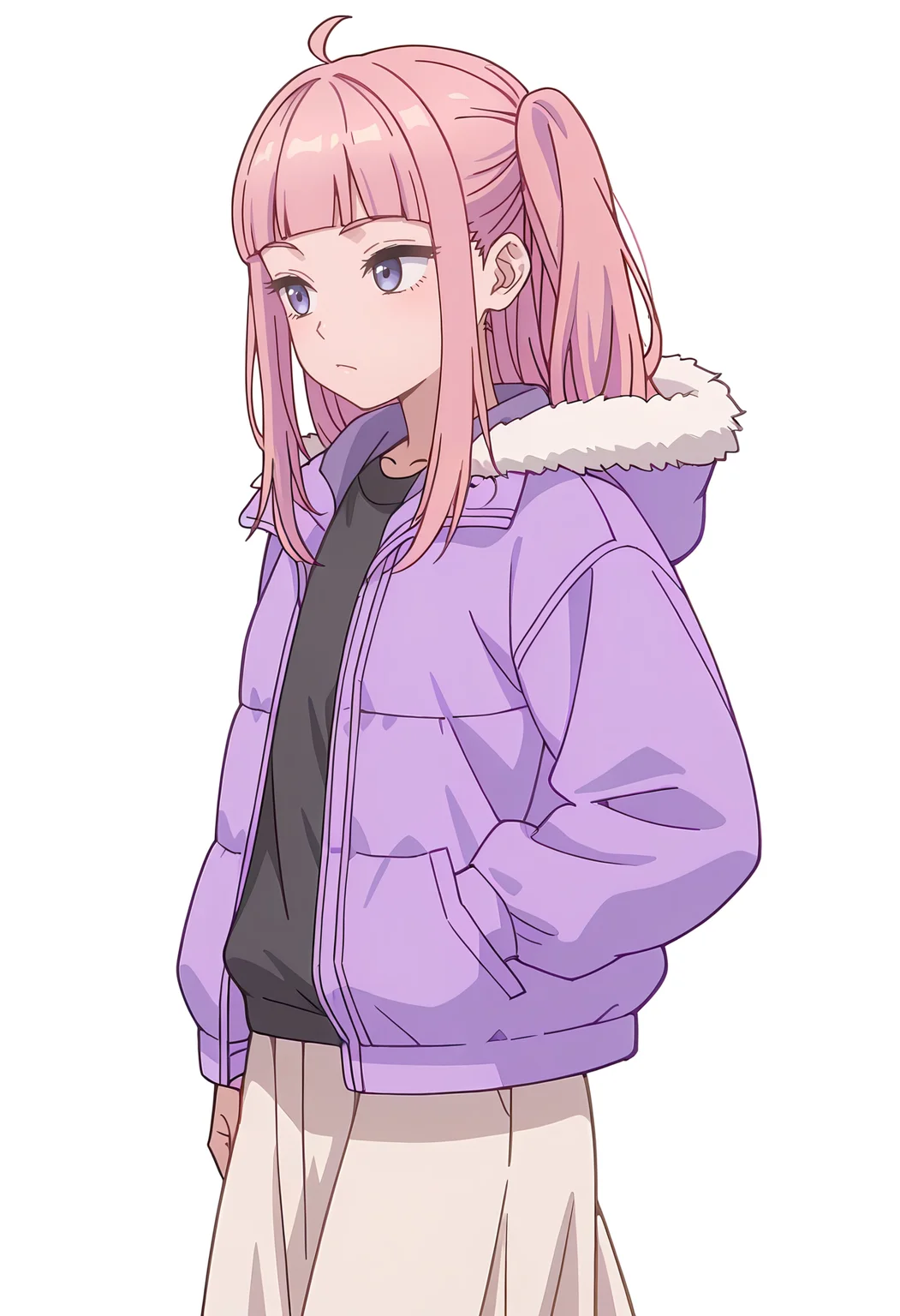 Smooth Quality,masterpiece,beautiful aesthetic, very intricate, high quality details, ultra realistic, high detailed skin,
simple background, white background,
disdain,sideways,walking, one hand in pocket, looking aside, casual, confident, ,
long skirt, ,fur-trimmed jacket,
<lora:Fuyuki_Momokocnn:0.8> momoko/cnn, pink hair, 1girl, ahoge, purple eyes,petite,