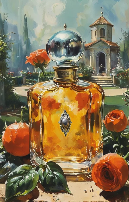 masterpiece,best quality,<lora:tbh281-sdxl:0.9>,illustration,style of Basil Gogos A bottle of perfume in garden