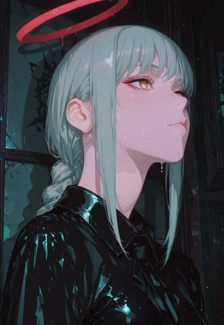 safe_pos, masterpiece, best quality, very aesthetic, absurdres, safe, score_6_up, Casual Makima,(Chainsaw man) casual clothes, small breasts, latex black dress, in the style of Akira Toriyama, blink and you’ll miss it details, cinematic, masterpiece, plain church glowing cross background , retro aesthetic, old anime style, 90’s anime style, 4k quality, intricate details, displate artwork , ringed eyes, yellow eyes, sidelocks, braided ponytail,, glowing golden ringed eyes,dominant pose , pastel colors, portrait, closeup, gothic, dripping glowing charcoal Red halo ,lowing accents on edges of clothing, lens flare from background neon, muted monochrome palette with green-grey tones, ambient atmospheric fog.,