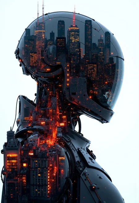 masterpiece, double exposure, silhouette of high-end robot helmet, filled with cyberpunk street, highest definition, HD32K, wallpaper, crisp lines, double exposure background, hyperdetailed, concept art, mythp0rt