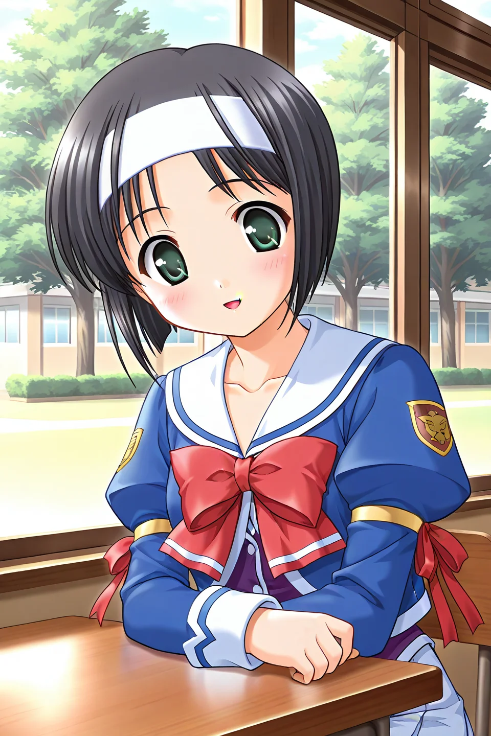 masterpiece, best quality, absurdres, official art, official style, general BREAK <lora:akiyamafumio_IL_v1:0.7>, akiyama fumio, kyuudou, 1girl, solo, green eyes, black hair, short hair, parted bangs, white headband, school uniform, serafuku, blue jacket, red bowtie, purple vest, juliet sleeves, arm ribbon, red ribbon, emblem, armband, white skirt, blue line, blush, smile, open mouth, window, looking at viewer, upper body, :d, tree, collarbone, indoors, sitting, arm on table, table, cowboy shot, pleated skirt, standing, parted lips, white sailor collar, white shirt, embarrassed, looking down, shame