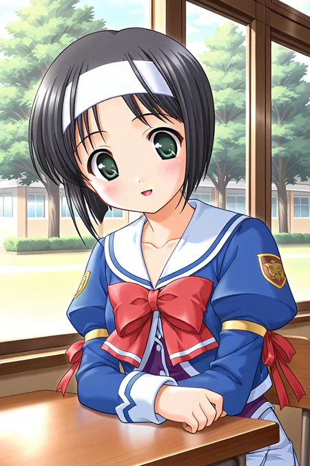 masterpiece, best quality, absurdres, official art, official style, general BREAK <lora:akiyamafumio_IL_v1:0.7>, akiyama fumio, kyuudou, 1girl, solo, green eyes, black hair, short hair, parted bangs, white headband, school uniform, serafuku, blue jacket, red bowtie, purple vest, juliet sleeves, arm ribbon, red ribbon, emblem, armband, white skirt, blue line, blush, smile, open mouth, window, looking at viewer, upper body, :d, tree, collarbone, indoors, sitting, arm on table, table, cowboy shot, pleated skirt, standing, parted lips, white sailor collar, white shirt, embarrassed, looking down, shame
