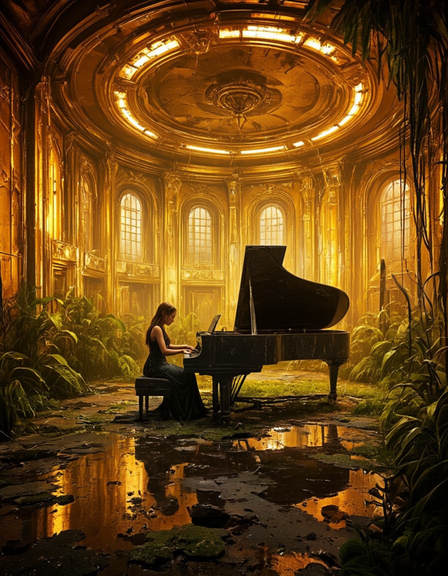 <lora:City_Worlds02_Lost_Operaflux:1>  cw02lost, cyberpunk, baroque, gold, rich room interior, neons, round ceiling, wet, vegetation, abandoned opera room, dirty, windows, crackled, decay, piano, elf woman playing