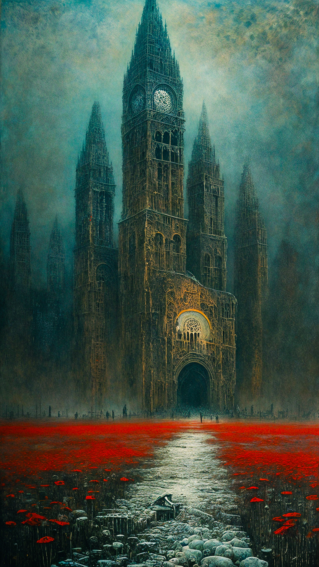A crumbling cityscape, dwarfed by a line of moving figures, dreamlike and poignant, by zdzislaw beksinski, Snow, Art Deco,  Skeletons,Poppies, Peculiar, (Simultaneous contrast:1.1), (Repetition:1.1),  (Pointillism:1.1), (Glowing:1.2), Water, Octagon, ultra detailed, intricate, oil on canvas, dry brush, (surrealism:1.1), (disturbing:1.1), <lora:by_zdzislaw_beksinski_finetuned:0.5>