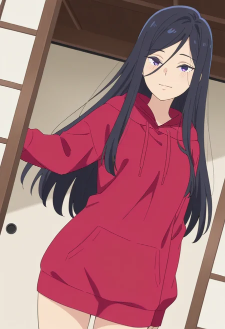 masterpiece,best quality,absurdres,perfect lighting,indoors, shouji
*//*,<lora:HealerGirl_RiaKarasuma-Illustrious:1>,ria_karasuma,1girl,solo,black hair,long hair,purple eyes,red hoodie, hood down,
*//*,looking at viewer,cowboy shot,dutch angle,dynamic pose,light smile,