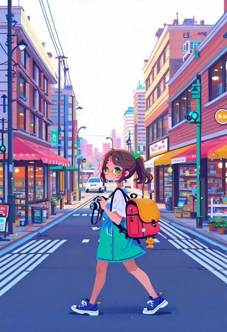 Masterpiece, high quality, ultra-detail, 8K resolution, sharp focus, 2d, (flat color, no lineart, Flatline, Flat vector illustration),
1cute girl, chubby girl, happy,  glasses, green eyes, dark brown hair, no bangs, ponytail,  with a backpack, turist, walking, camera, Japanese Suburbs, shop, scenery, outdoors, road, sign, building, street, road sign, city, power lines, utility pole, traffic light,crosswalk, lamppost, sidewalk, cityscape, side view