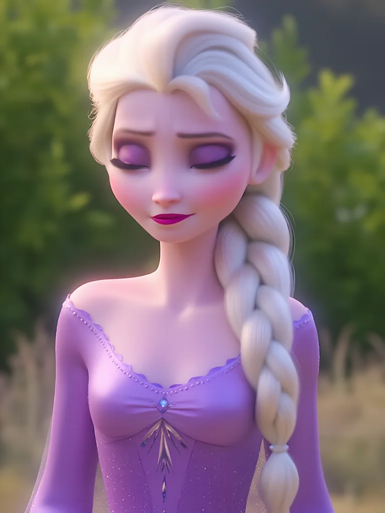 masterpiece,4k studio photo quality, inematic lighting,clear photo,Waist-up view,outdoor,ultra detail skin,elsa \(frozen\),Elsa's Purple Nightgown, solo, bare shoulders,open eyes,shy, Braid on right shoulder,(purple eyeshadow, Shiny lips),Elsa's Light Purple Dress, view from font, <lora:Elsa-Flux:1>ï¼