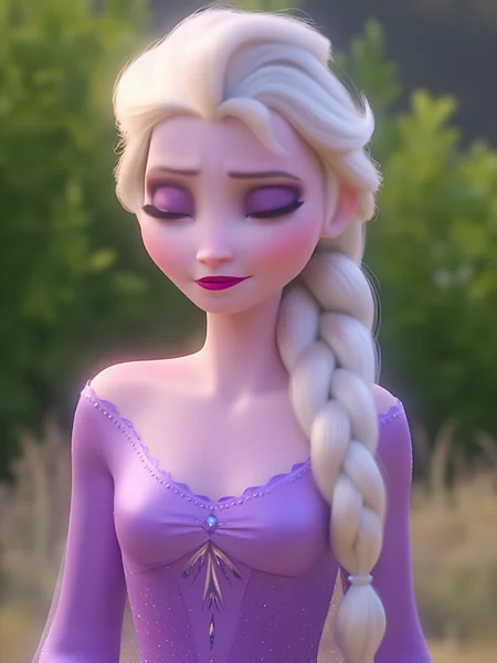 masterpiece,4k studio photo quality, inematic lighting,clear photo,Waist-up view,outdoor,ultra detail skin,elsa \(frozen\),Elsa's Purple Nightgown, solo, bare shoulders,open eyes,shy, Braid on right shoulder,(purple eyeshadow, Shiny lips),Elsa's Light Purple Dress, view from font, <lora:Elsa-Flux:1>ï¼