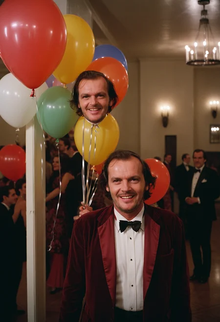 Shin1ng, Jack Torrance, man, creepy evil smile, ballroom, party, people, balloons, Overlook Hotel, indoors, (stylish grainy 35mm analog film photo)