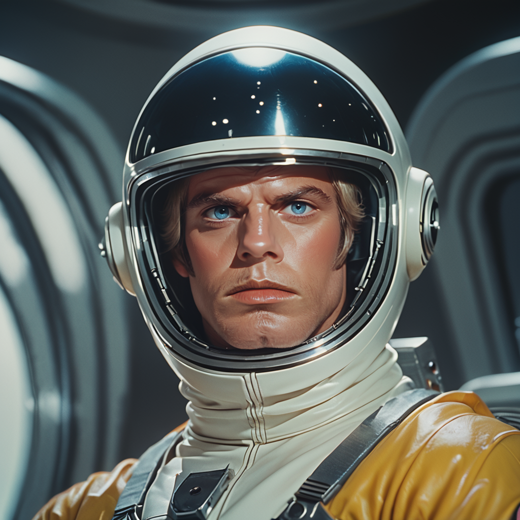 Score_9, score_8_up, score_7_up, score_6_up, BREAK  <lora:70sSci-FiMoviePony:1>  ArsMovieStill, movie still from a 1970s technicolor Sci-Fi movie, The image is a close-up of a man's face inside a space suit. The man appears to be in his late twenties or early thirties with blonde hair and blue eyes. He is looking directly at the camera with a serious expression. The suit is white with a yellow stripe on the left side and a black visor. The background is blurred but it seems to be an astronaut's helmet. The image is taken from a low angle looking up at the man's head and shoulders., realistic, solo, helmet, spacesuit, astronaut, blue eyes, 1boy, male focus, looking at viewer, portrait
