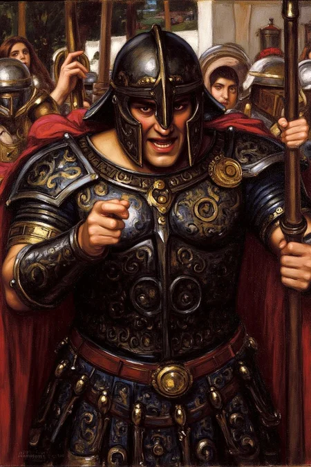 jwwaterhouse1 painting.
The image is a dramatic, highly detailed painting in an expressive, dynamic style, depicting a fierce battle scene. The central figure is a warrior, clad in elaborate, ornate armor with a dark, almost black hue, adorned with intricate patterns and gold accents. The armor includes a helmet with a face guard that obscures the warrior's features, but his eyes are visible, gleaming with an intense, almost manic expression. <lora:jwwaterhouse1_cap_d6a3e11:1.0><lora:829541228057045073:0>