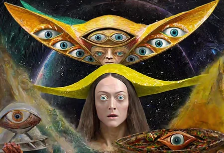 p1c4ss0, 1908 Woman with a Fan, seraphins, mystical creature with hundreds of eyes and wings, roswell alien with yellow christmas hat, delivering presents with santa riding a ufo sleigh, intricate complexity, surreal horror, inverted neon yellow drip paint,
