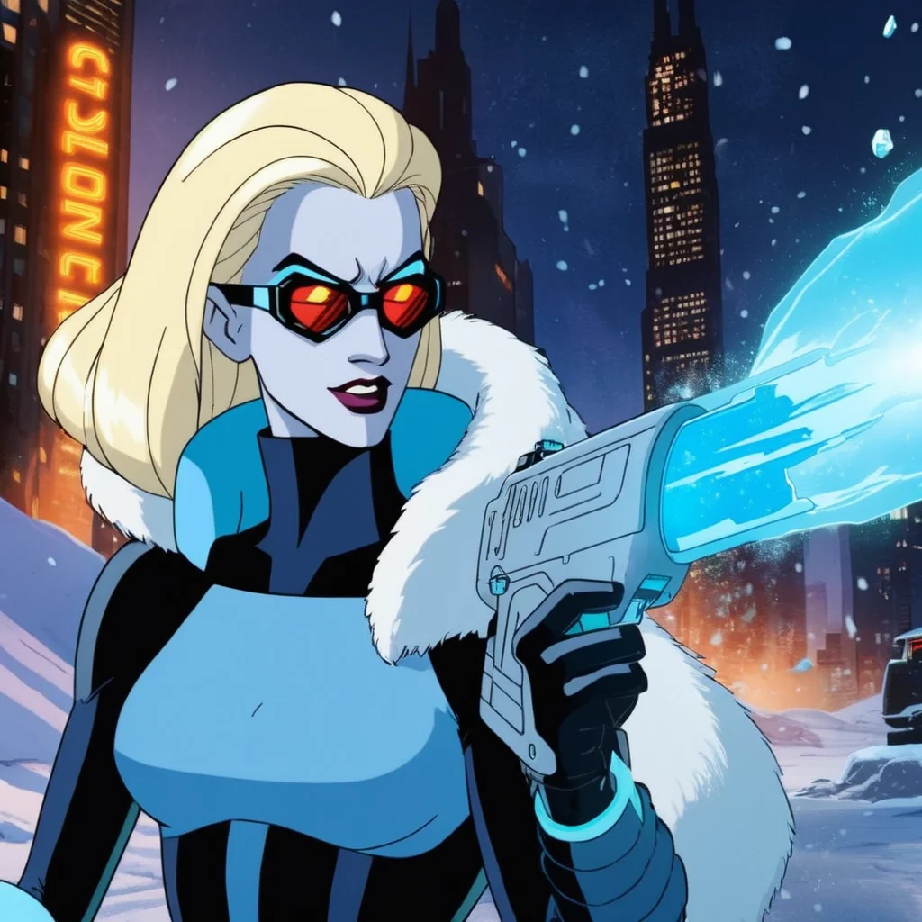 anime artwork of <lora:Mr. Freeze:1.2>
Mr. Freeze a blonde woman holding an ice gun with ice muzzle flash in a snow area In Gotham City, anime style, key visual, vibrant, studio anime, highly detailed