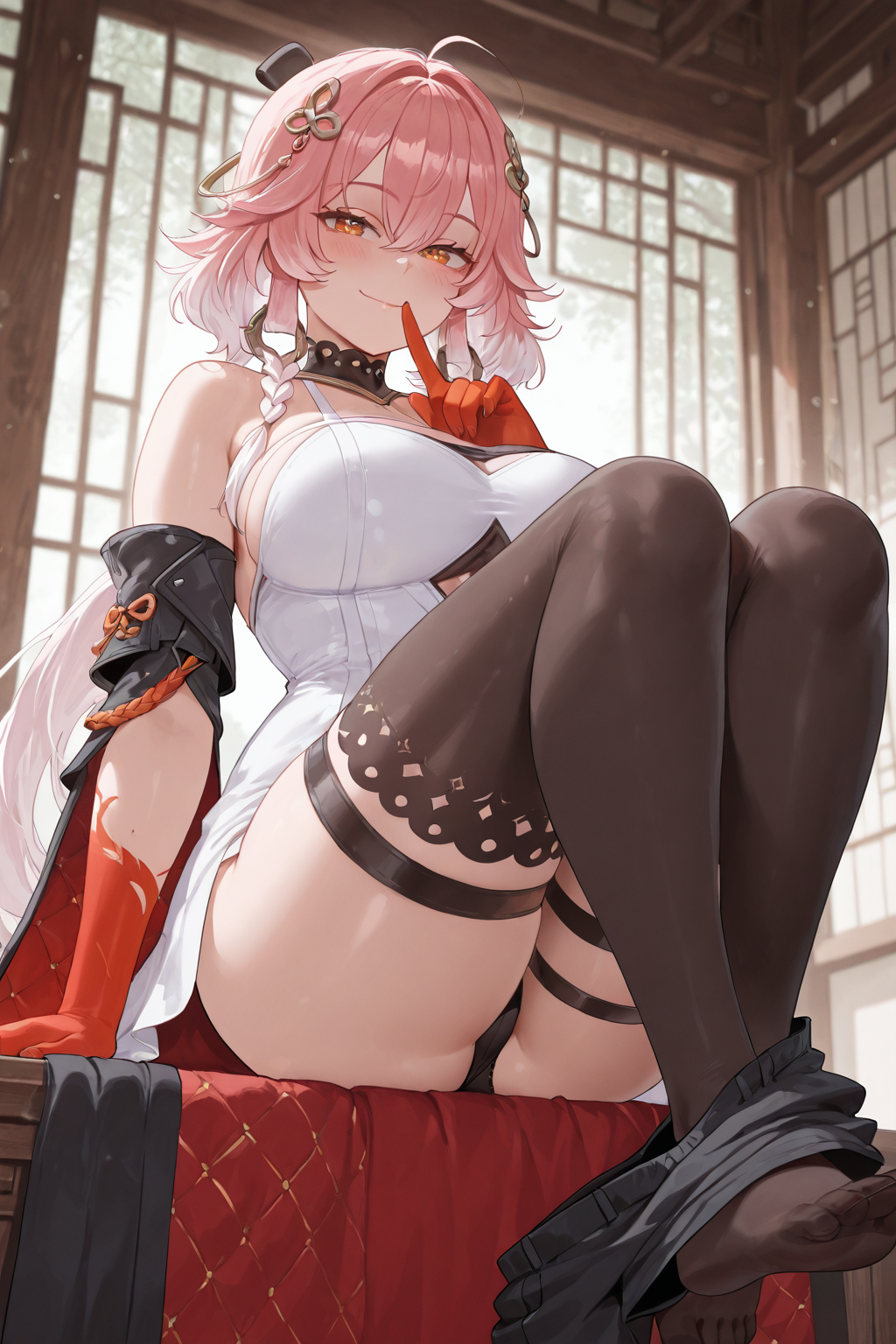 masterpiece,best quality,amazing quality,absurdres, <lora:Changli_Wuthering_Waves:1>, ChanDS, 1girl, architecture, bare shoulders, black collar, black jacket, black panties, black shorts, black sleeves, black thighhighs, blush, braid, breasts, closed mouth, collar, colored extremities, detached sleeves, dress, east asian architecture, feet, finger to mouth, fingernails, hair between eyes, hair extensions, hair ornament, indoors, jacket, large breasts, looking at viewer, no shoes, orange eyes, panties, pink hair, red hands, ring hair extensions, short sleeves, shorts, shorts around one leg, shushing, sitting, smile, solo, thigh strap, thighhighs, thighs, toes, twin braids, underwear, white dress, white hair