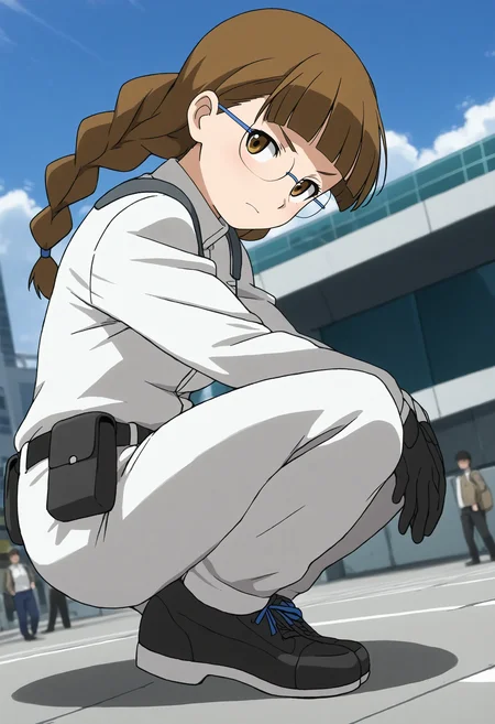 <lora:Hyper-SDXL-8steps-lora:1> <lora:Fixhands_anime_bdsqlsz_V1:1> zPDXL2, score_9, score_8_up, score_7_up, source_anime, intricate details, perfect anatomy BREAK
outdoors, city, tokyo, japan, audience, crowd, squatting,  arms between legs, dutch angle, hands, hanging hair, head tilt,  looking at viewer, Angry, tightened jaw, squinted eyes, and raised eyebrows., 1girl, solo, solo focus, 
<lora:GAGE-remi_ruth_XL(pony)v10:1> gage-remi, brown hair, low twin braids, brown eyes, glasses, gage-remi outfit, white dress, black gloves, belt pouch, white pants, black shoes,