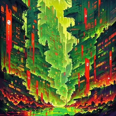 masterpiece,high resolution.
,alienworld,
city,scenery,red and green theme,
, <lora:Alien_World-xl-8:0.6>,