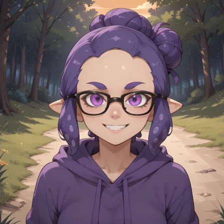 score_9, score_8, BREAK, solo, splatoon, inkling, female inkling, 1girl, tentacle hair, purple hair, single hair bun, purple eyes, glasses, cute, purple eyebrows, purple hoodie, purple jeans, purple shoes, breasts, Jeanette_Romero_(\OC_Inkling\), sexy pose, self portrait, smile, outdoors, sunlight, shadows, evening lighting, natural lighting, forest, trees, grass, orange sky, sunset