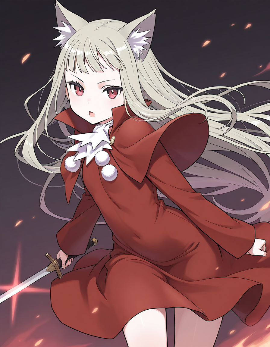 masterpiece, best quality, good quality,  <lora:Belfraw_Martini_IS:1> no hat,
Belfraw_Martini, 1girl, solo, silver hair, open mouth, animal ears, red dress, pom pom (clothes),
looking at viewer, weapon, long sleeves, sword, red eyes,