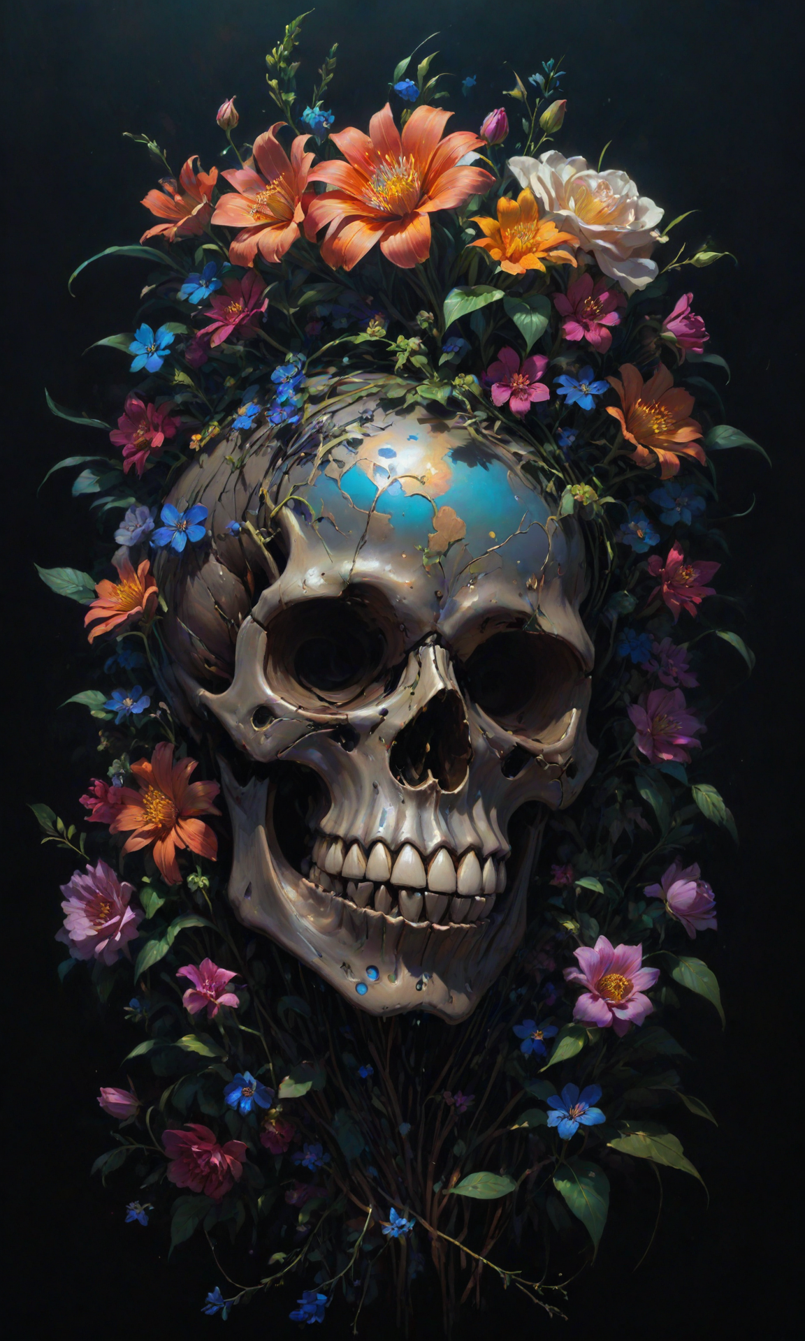 A beautiful painting of a cybernetic skull with flowers growing out of it, dark background. Trending on artstation by Dan Mumford and Peter Mohrbacher and Moebius and Hayao Miyazaki. HD 8x sharp high quality illustration in style of Caravaggio."a bokeh in background. lens flare. vivid colors. Trending on art <lora:Fast:0.69>