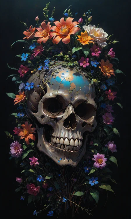 A beautiful painting of a cybernetic skull with flowers growing out of it, dark background. Trending on artstation by Dan Mumford and Peter Mohrbacher and Moebius and Hayao Miyazaki. HD 8x sharp high quality illustration in style of Caravaggio."a bokeh in background. lens flare. vivid colors. Trending on art <lora:Fast:0.69>