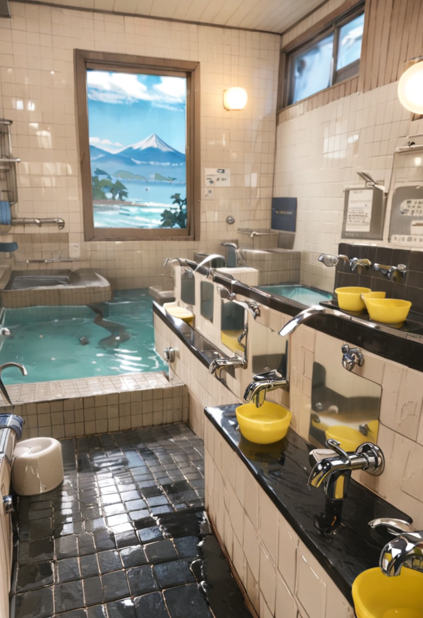 masterpiece, best quality, very aesthetic, absurdres,
sentou, bathroom, scenery, water, window, indoors, faucet, kerorin, washbowl, 
 <lora:sentou_SDXL_V5:1>