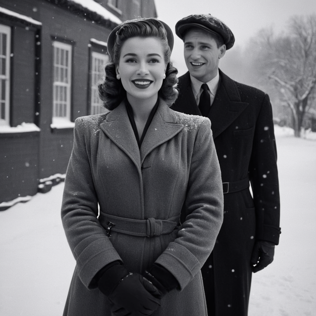cinematic film still of  <lora:1940's style:1>
In the 1940's a woman and a man are standing in the snow,1girl,looking at viewer,smile,1boy,hat,monochrome,greyscale,lips,snow,snowing,realistic  ,realistic,realism,perfection,perfect,filmic,retro,vintage,classic,different haircut,different look,different style,1940's style , 1940 style, shallow depth of field, vignette, highly detailed, high budget, bokeh, cinemascope, moody, epic, gorgeous, film grain, grainy