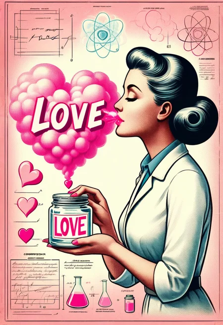 <lora:ODOR_AI:0.7> Smellingodor, 1girl, holding a jar labeled LOVE, a pink heart shaped odor cloud, sniffing, smelling, extremely detailed, LOVE text, high quality, whimsical, scientific paper, science fiction, scientific paper