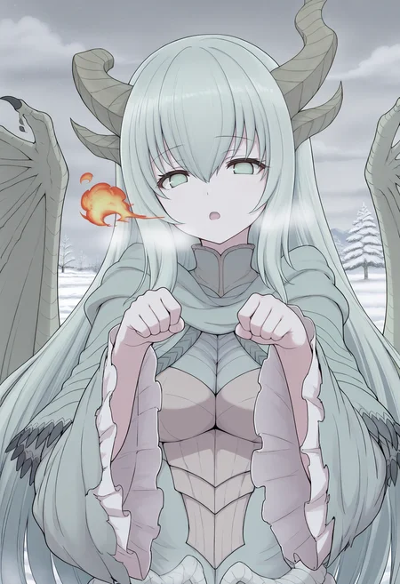 masterpiece,best quality,good quality,<lora:PAARTHURNAX_IL:0.9>, PAARTHURNAX, dragon horns, broken horn, dragon girl, dragon wings, very long hair, green hair, hair between eyes, green eyes, breasts, 
capelet, dress, sleeves past wrists, wide sleeves, 
open mouth, breathing fire, upper body, paw pose, 
BREAK clouds, snow,