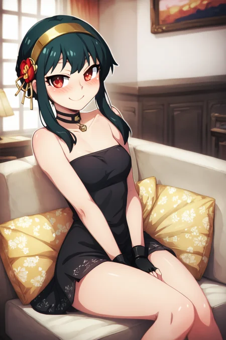 score_9, score_8_up, score_8, medium breasts, (curvy), cute, eyelashes, BREAK, , BREAK, YorForger, 1girl, black hair, red eyes, short hair with long locks, gold hairband, hair flower, black choker, black dress, sleeveless, off shoulder, floral print, fingerless gloves, <lora:YorForgerXLpony004:0.8>,, ,,, hand between legs, blush, smug, ,,, smile, looking at viewer, blush, blurry, couch, sitting, ,,, <lora:HaseYu_PDXL:0.8>, ,,,, BREAK, smile, looking at viewer, cowboy shot, embedding:zPDXL, Expressiveh, <lora:SDXLFaeTastic2400:0.5>, <lora:Expressive_H-000001:0.4>,