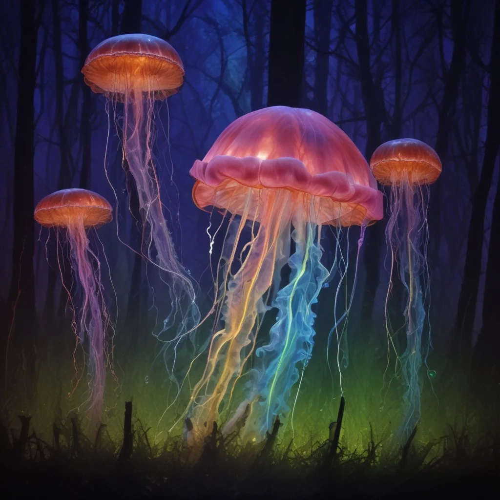 holographic translucent biolumiscent jellyfish on forest ground,alcohol ink and fluid thick oil,hyperrealistic,perfect mixed styles with amazing depth,iridescent complementary colors,dramatic flickering back light,surreal hypercreative masterwork by head of prompt engineering