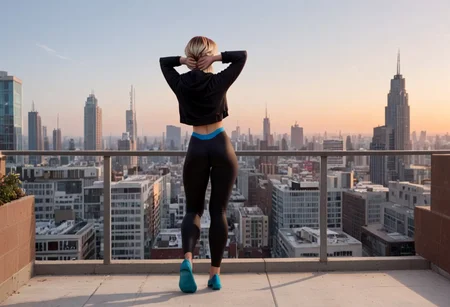 score_9, score_8_up, score_7_up, score_6_up, 1girl, spider gwen, multicolored hair, ultra realistic, 8k, superfine detail, professional full body portrait photo, standing, relaxed, tight fitting black hoodie, multi-colored hair, rooftop, New York City skyline at sunset, black leggings, hands on railing, facing the skyline, view from behind, small round ass, (no face, back of head only:2.0), (interlocking fingers behind head:2), (blue ballet shoes:2), (zoomed out:2)