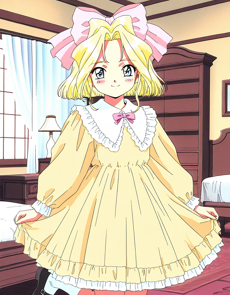 masterpiece, best quality, good quality, <lora:Iris_Chateaubriand_IS:1> IrisChateaubriand, blonde hair, pink bow, blue eyes, hair bow, short hair, blush, 
smile, Yellow dress, mary janes, frills, 1990s (style), cowboy Shot, room,
 fujishima kousuke style, 1990s (style).