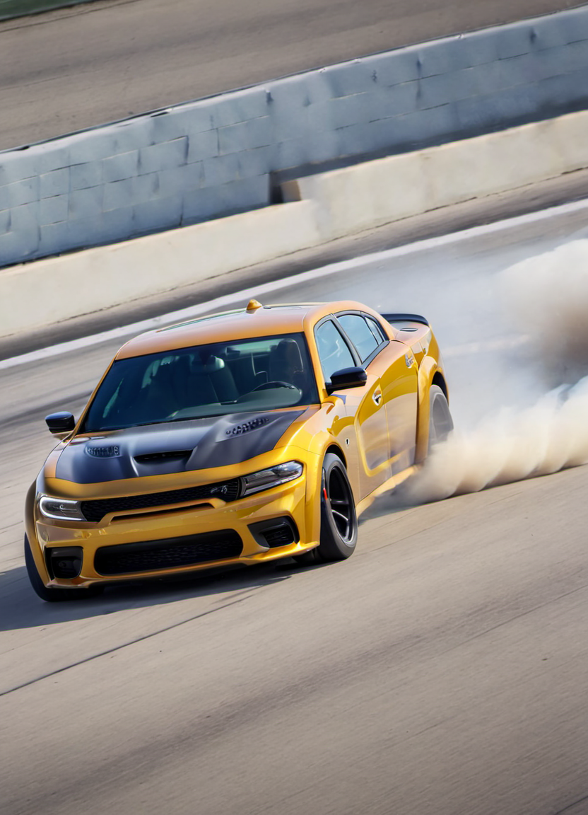 yellow chargerhellcatsrt driving at a race track, action scene, in motion, tire smoke, dust, motion blur, dramatic scene, spotlight,
 <lora:ChargerHellcatSDXL:1>
