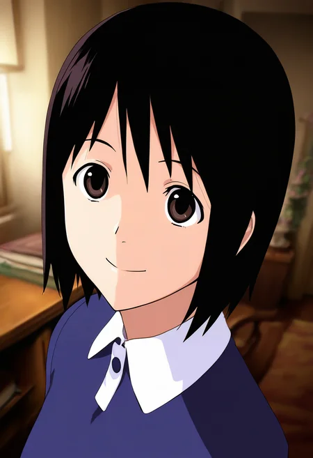 1girl, nakahara misaki, closed mouth, smile,
collared dress, standing, 
face focus, close-up shot,
book, indoors, blurry background,  
(nekobell:0.5),(bunsuirei:0.5),(pija:0.7),(happoubi jin:0.4),
(high_contrast, drop_shadow, chromatic_aberration, colorful:0.3),
sensitive,
masterpiece,best quality, very aesthetic, absurdres, newest 
<lora:Nakahara_Misaki:0.85>